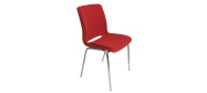 Ana stol med krom stel, rød plastskal og Oxford stof rød nr. 21 på sæde og ryg. Der er 5 års garanti på Ana stole.