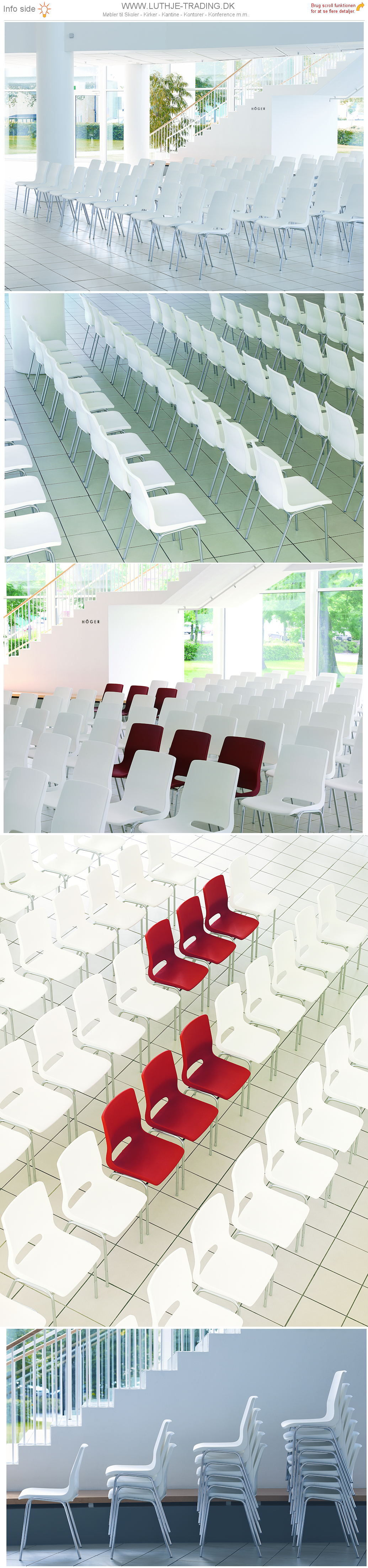 Ana stol præsentation i rækkeopstilling med hvide Ana stole. Vi giver gerne det bedste tilbud på en Ana stol.